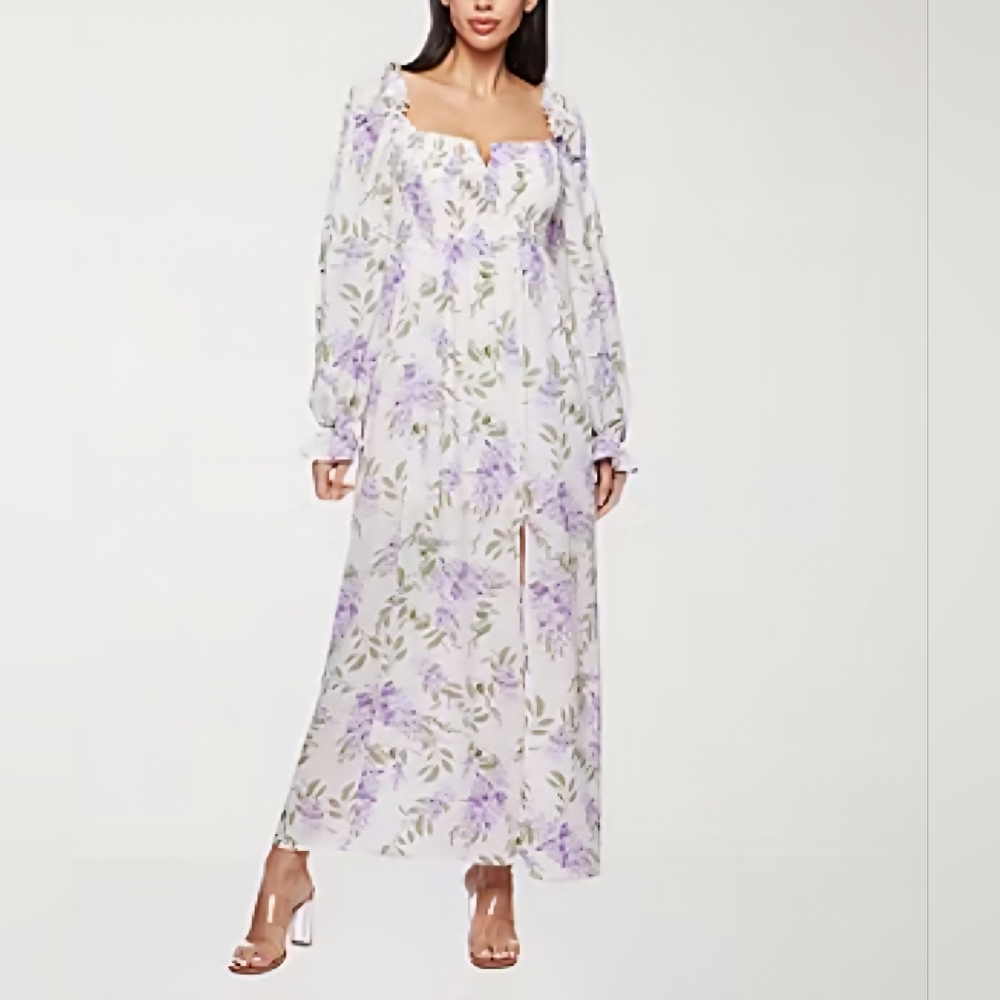 Floral Square-Neck Maxi Dress in Lavender